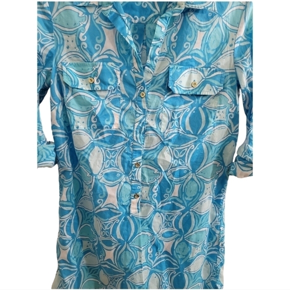 Lilly Pulitzer Captiva Tunic Top XS Half Button Ariel Blue What a Racquet - Picture 6 of 7